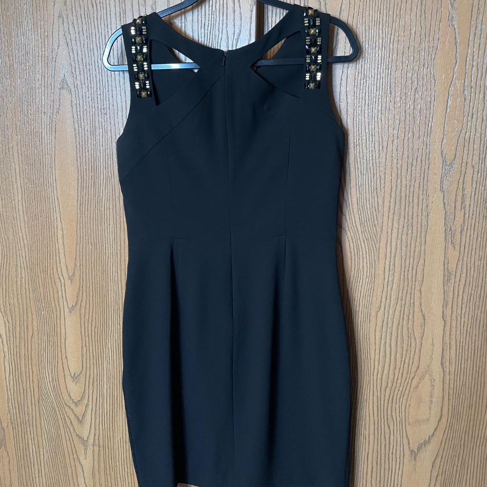 DKNY BLACK SHEATH DRESS SIZE 10 GOLD & BLACK BEADED EMBELLISHED NECKLINE - Picture 5 of 7